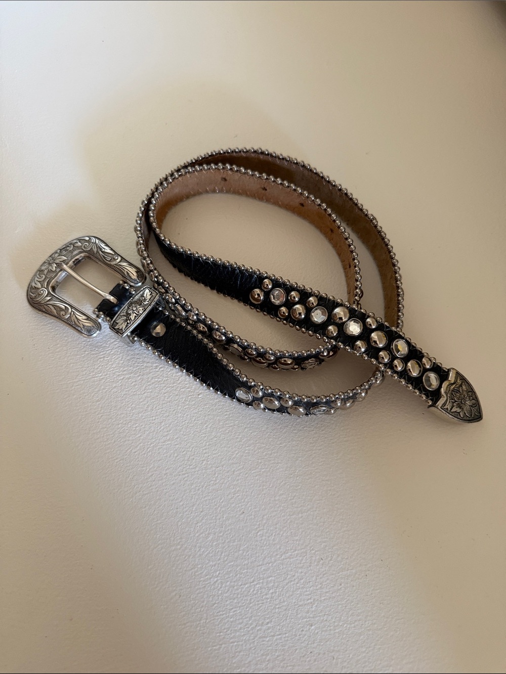 Champagne Black Studded Western Belt with Silver Buckle